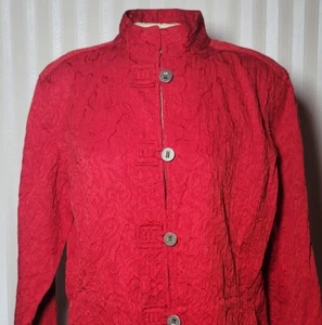 Chaqueta para mujer Chico's talla 2 con botones frontal rojo brillante texturizado vacaciones manga larga - Imagen 1 de 7