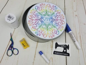 Rainbow Sewing Mandala, Storage Tin, Round Metal Tin, Sewing Tin for buttons etc - Picture 1 of 1