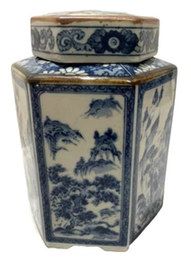 Porcelain Tea Caddy Jar Toscany Collection Japan Asian Blue Hexagon - Picture 1 of 5