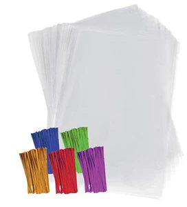 Clear Plastic Cellophane Bags with 4 Colored Twist Ties for Gifts Party Favors ( - Picture 1 of 4
