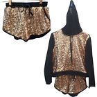 Fashion Nova Outfit Small 2 Pc Sequin Hoodie Shorts Black Gold Jacket Sweater