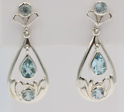 Romantica 1,82 Carati Topazio Blu Orecchini Pendenti 925 Argento Pietre Preziose - Immagine 1 di 4