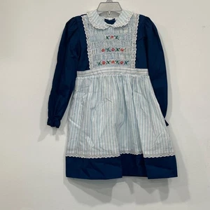 Abito bambina vintage POLLY FLINDERS fumè a mano taglia 6 blu ricamato floreale - Foto 1 di 9