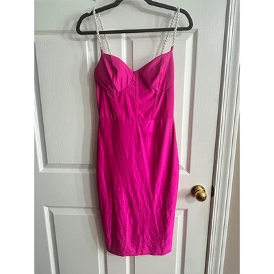Love J Hot Pink Ruched Bust Pearl Strap Bodycon Mini Dress Size L - Image 1 of 4