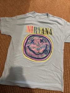 NIRVANA Smiley Face Nevermind T-Shirt Large Baby Blue Rock Tye Dye - Picture 1 of 5