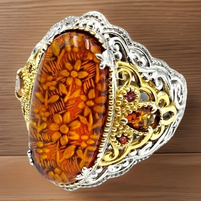 MICHAEL VALITUTTI GEMS EN VOGUE STERLING SILVER AMBER CARVED FLOWER RING 9 WOWWW - Image 1 of 4
