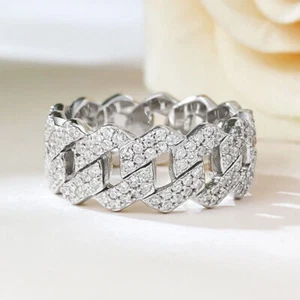 925 Silver 8mm MOISSANITE Iced Prong Cuban Link Ring for Wedding Engagement - Picture 1 of 6