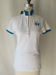 La Martina Hamptons Summer Polo Season Women's Polo White Shirt wit Turquoise. M - Picture 1 of 5