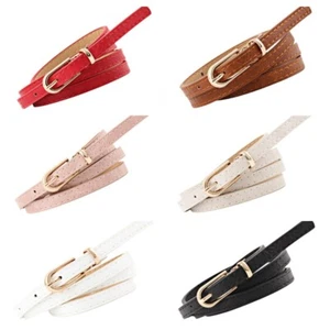 Women Gold Pin Buckle Faux Leather Belt Lady Solid Color Thin Waistband YN23003 - Picture 1 of 11