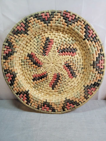 17" Diameter Handmade Colorful Straw Woven Basket, Preowned Cover