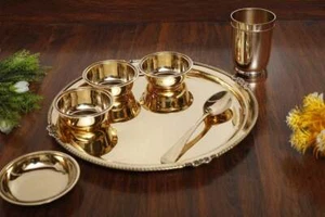 Heavy Weight Pure Brass Dinner Set-6/7 Pcs || 12 inch Large Thali Brass Utensils - Picture 1 of 12