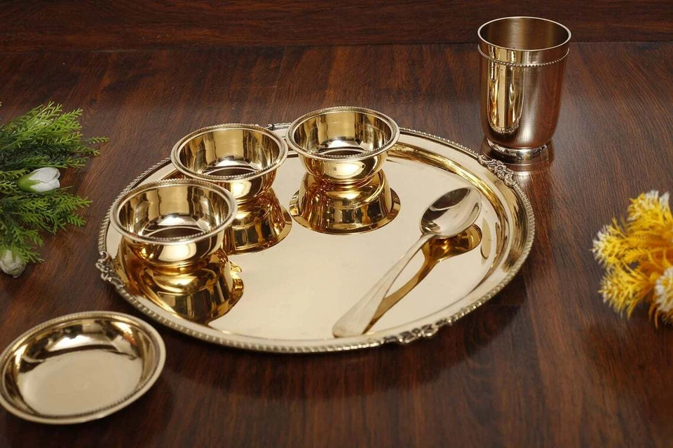 Heavy Weight Pure Brass Dinner Set-6/7 Pcs || 12 inch Large Thali Brass Utensils - Image 1 of 4