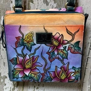 Vintage Designed In New York By Sharif Hand Painted Leather Crossover Purse - Picture 1 of 13