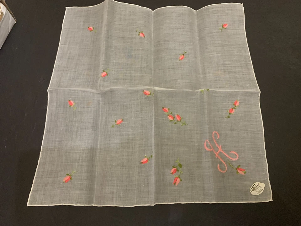 Pañuelo vintage rosa y blanco bordado flor mujer algodón con monograma H Foto 1 de 3