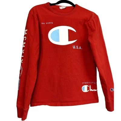 CHAMPION Boys Youth Long Sleeve Scarlet Red T Shirt Crew Neck Sz S - Image 1 of 4