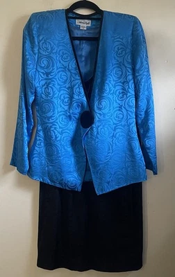 Traje Falda Adrianna Papell Mujer Talla 10 Azul Negro 100% Seda Negocios Formal Foto 1 de 4