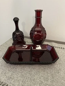 Avon Cape Cod Ruby Red Glass Divided Serving Tray Dish Bell Decanter No Stopper - Picture 1 of 5