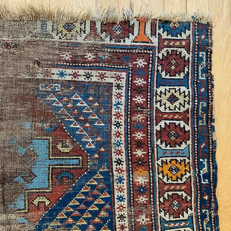 Vintage Rug 3' 8 x 4' 9 Blue Hand Knotted Worn Caucasian Oriental Rug - Image 1 of 4