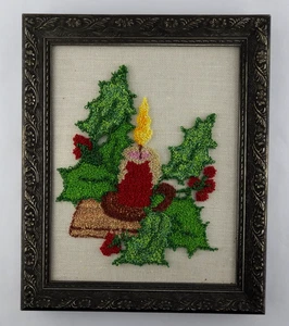 Vintage Christmas Candle Holly Handmade Needlepoint Framed Decor 9.5"x 11.5" - Picture 1 of 2