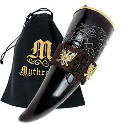 Viking Drinking Horn Ale 啤酒米德马克杯带棕色皮革表带支架 300 毫升 — 第 1/4 张图片