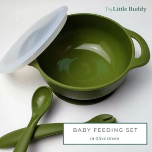 Hey Little Buddy Suction Baby Bowl Spoon Fork Spork Lid Feeding Set Silicone - Picture 1 of 13