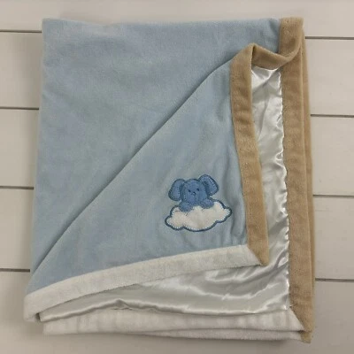 BLANKETS & BEYOND Plush Velour Satin Blue Brown Puppy Cloud Baby Blanket Lovey - Image 1 of 4