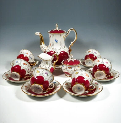 TOP  MEISSEN B -KAFFEE SERVICE 6 PERSONEN PURPUR & GOLD STREUBLUMEN   15 TEILIG - Bild 1 von 4