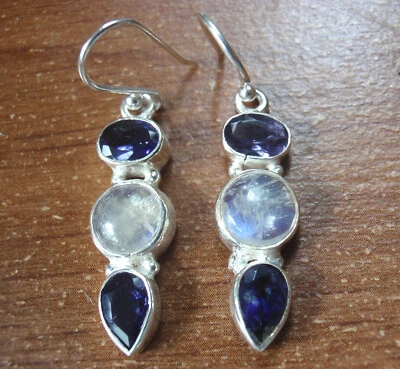 Moonstone & Faceted Iolite 925 Sterling Silver Earrings   you receive exact pair - Image 1 of 2