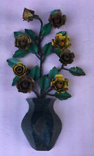Metal Roses In Vase Wall Decor 18'' vintage sculpture yellow rust rustic steel