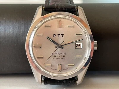 复古 罕见 瑞士 男式 铬制 自动 36 毫米手表 "Marvin" PTT GES MBH — 第 1/4 张图片