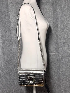 Pinko Love Click Mini Silver Metallic Crocodile Print Purse Crossbody 100067 - Picture 1 of 16