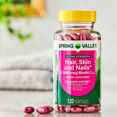 Spring Valley Biotin 5000 mcg, Hair Skin & Nails Support, 120 Softgels - Image 1 of 4