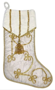 Calza natalizia con perline accento oro avorio 17" nappa - Foto 1 di 4