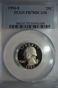 1993-S PCGS PR70DCAM placcato Washington Proof Quarter *Top Pop* Deep Cameo Beauty * - Foto 1 di 4