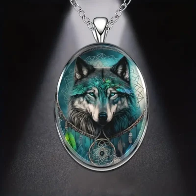 Dream Catcher Wolf Oval Jewelry Vintage Silvery Gothic Nature Pendant Necklace - Image 1 of 4