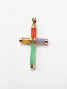 Multi 4 Color Natural Jade Cross in 14K Solid Yellow Gold Pendant Jesus Christ - Picture 1 of 3
