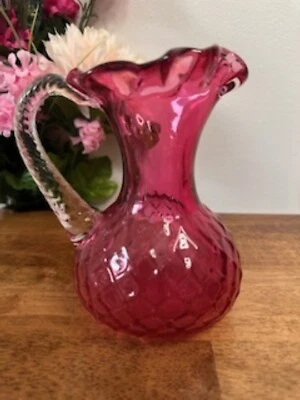 Vintage Cranberry Diamond Quilted Glass Pitcher Hand Blown Ruby Red Jug - Image 1 of 4