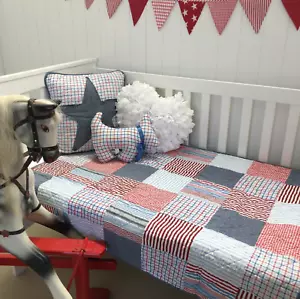 3 piece Thomas Check Cot Quilt / Star Cushion Cover & Decorator Check Puppy Dog - Picture 1 of 3