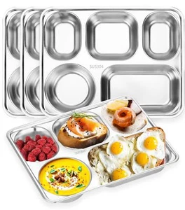 4 Pack Stainless Steel Divided Plates Tray 5 Sections Dinner Plates for Campers - Picture 1 of 7
