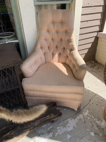 Hollywood Regency Mcm Throne Chair Pair Cream Peach Stripe Tufted Cover