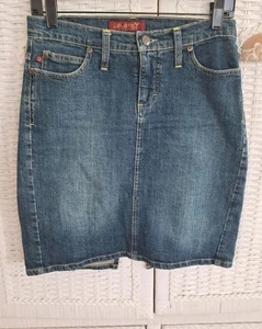 Vintage blau Jeans Bleistiftrock Stretch Denim Knopf Reißverschluss Hosenschlitz Medium dunkle Waschung Gr. 1/2 - Bild 1 von 5