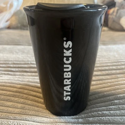 STARBUCKS 陶瓷光泽黑色旅行杯玻璃杯带盖标志不倒翁全新无标签 — 第 1/4 张图片