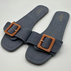 LOFT Outlet Blue Fabric Slides Flat Sandals Slip On with Brown Buckle Womens 10M - Picture 1 of 9