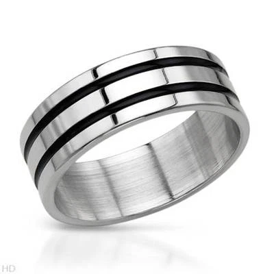 Anillo de banda ancha para caballeros diseñado en esmalte negro y acero inoxidable talla 12.5 Foto 1 de 2