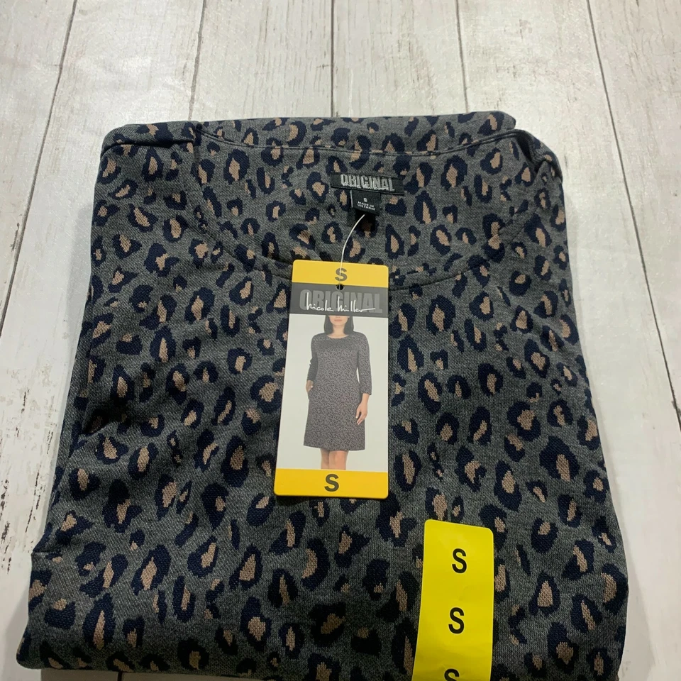 Nicole Miller Original Womens Shift Dress 3/4 Sleeve Grey Leopard Ladies Small S