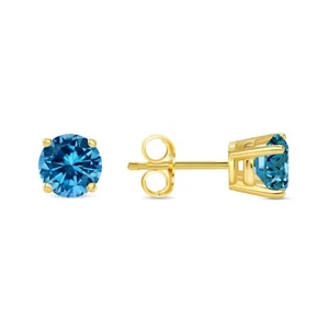 1.25 Ct Round Blue Created Diamond Earrings Real 18K Yellow Gold Basket Push - Picture 1 of 3