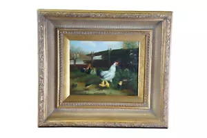 Vintage Country Farmhouse Rooster & Chicks Oil Painting by G. Winslow Framed 18" - Picture 1 of 12