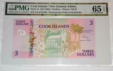 PMG COOK ISLANDS / NEW ZEALAND ADMIN. 3 DOLLARS Pick# 7a 65 EPQ GEM UNC 65EPQ