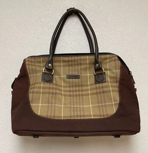 EDDIE BAUER PLAID CHECK BROWN CANVAS LEATHER DUFFEL TRAVEL BAG LUGGAGE - Picture 1 of 9