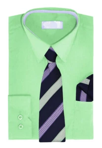 Boys Long Sleeve Dress Shirt Matching Tie & Hanky Toddler Kids Button Up Set - Picture 1 of 26